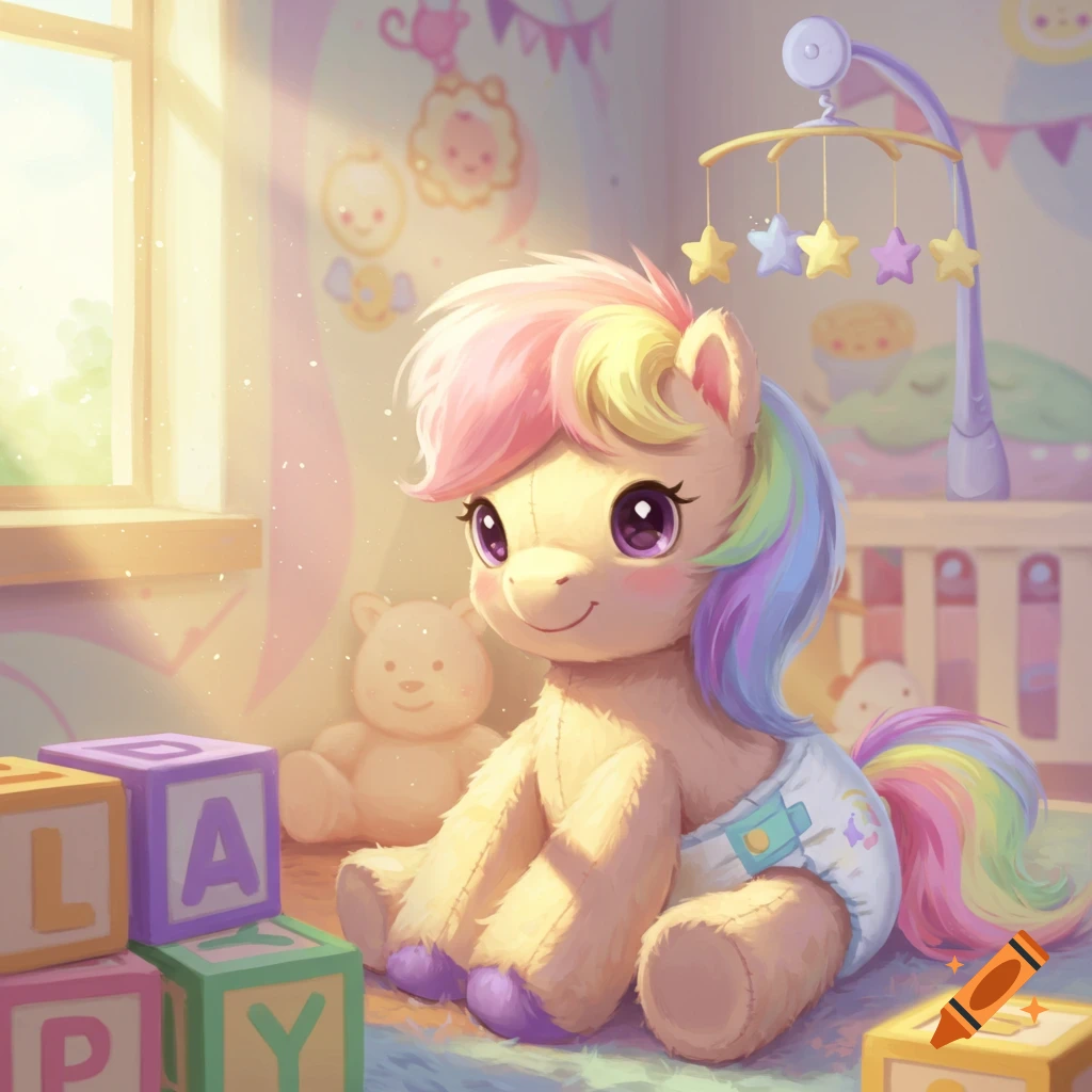 A cute plush pony with rainbow hair and a diaper sits on the floor of a sunlit nursery, surrounded by colorful play blocks.