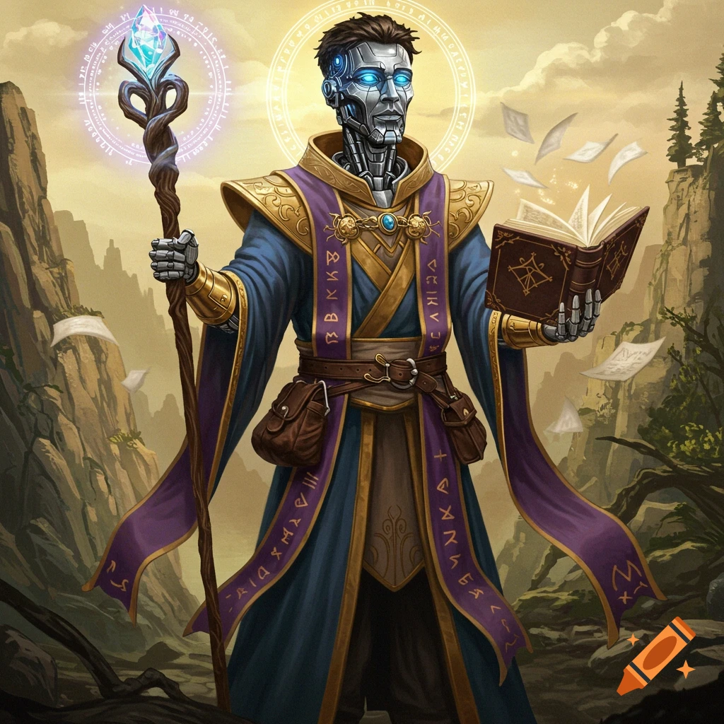 A detailed illustration of a robot wizard with glowing blue eyes, holding a magical staff and a spellbook, standing in a rocky fantasy landscape.