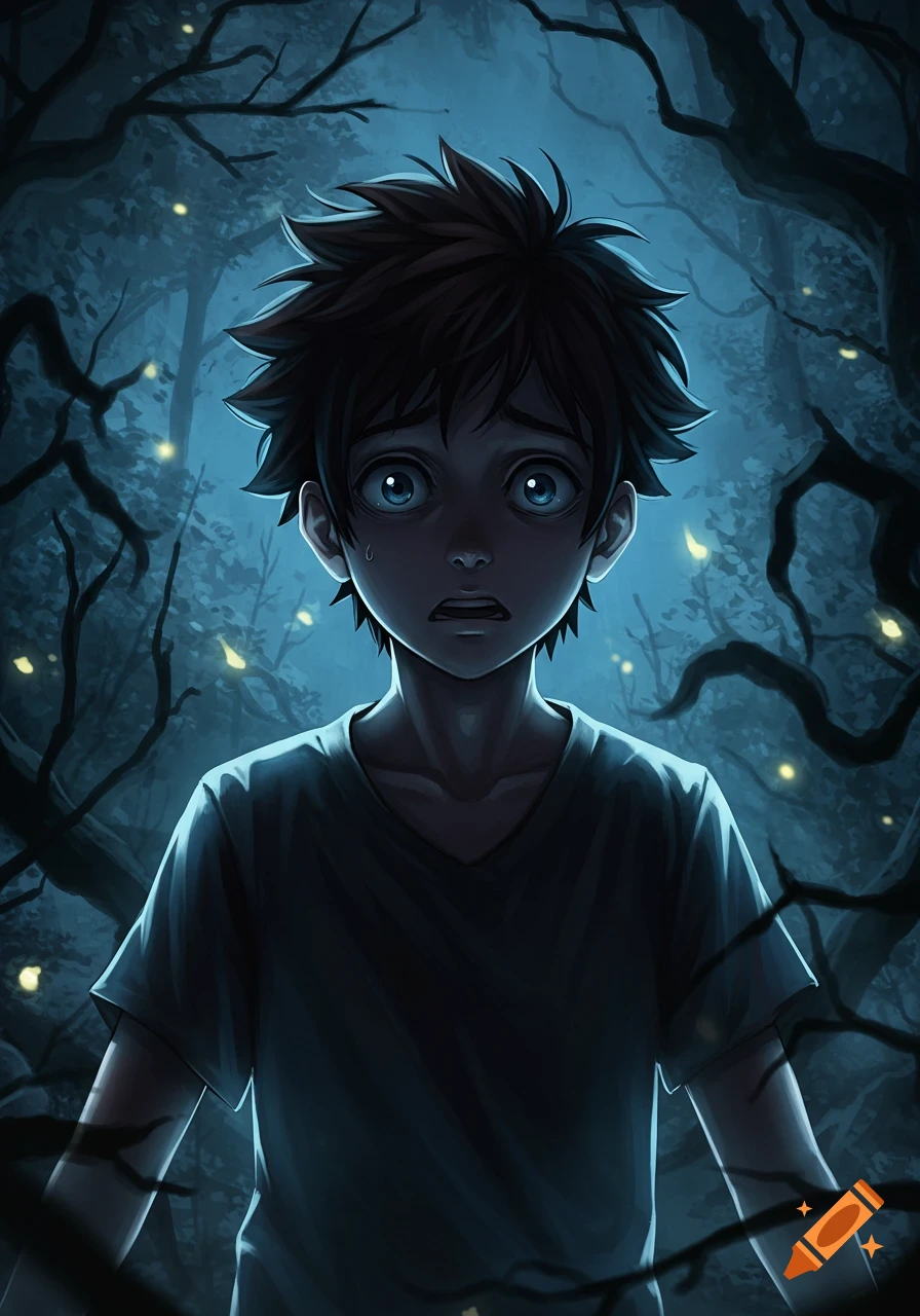 A terrified anime boy with wide eyes stands in a dark, glowing forest at night.