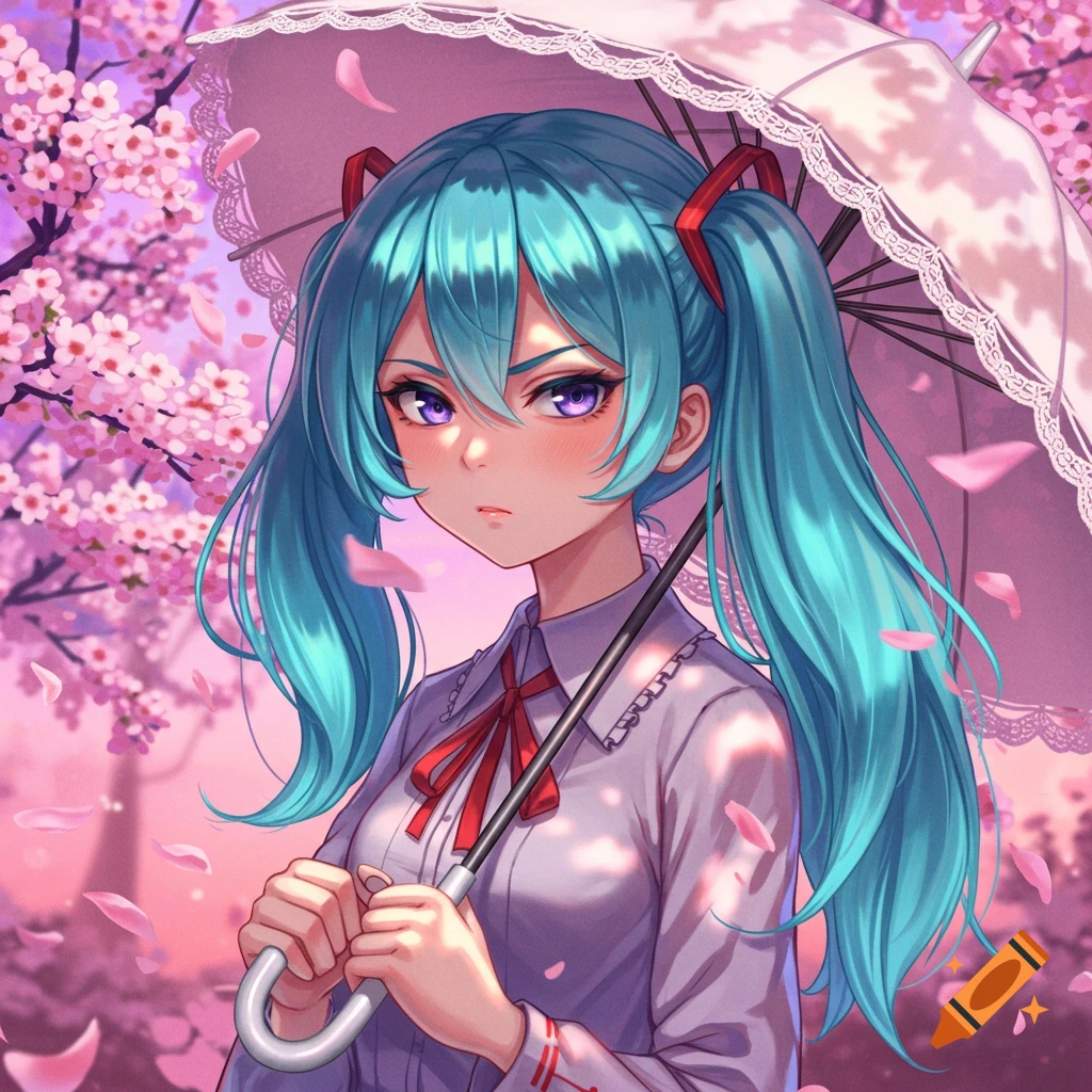 An anime girl with turquoise pigtails and purple eyes holds a white umbrella under cherry blossom trees with falling petals.