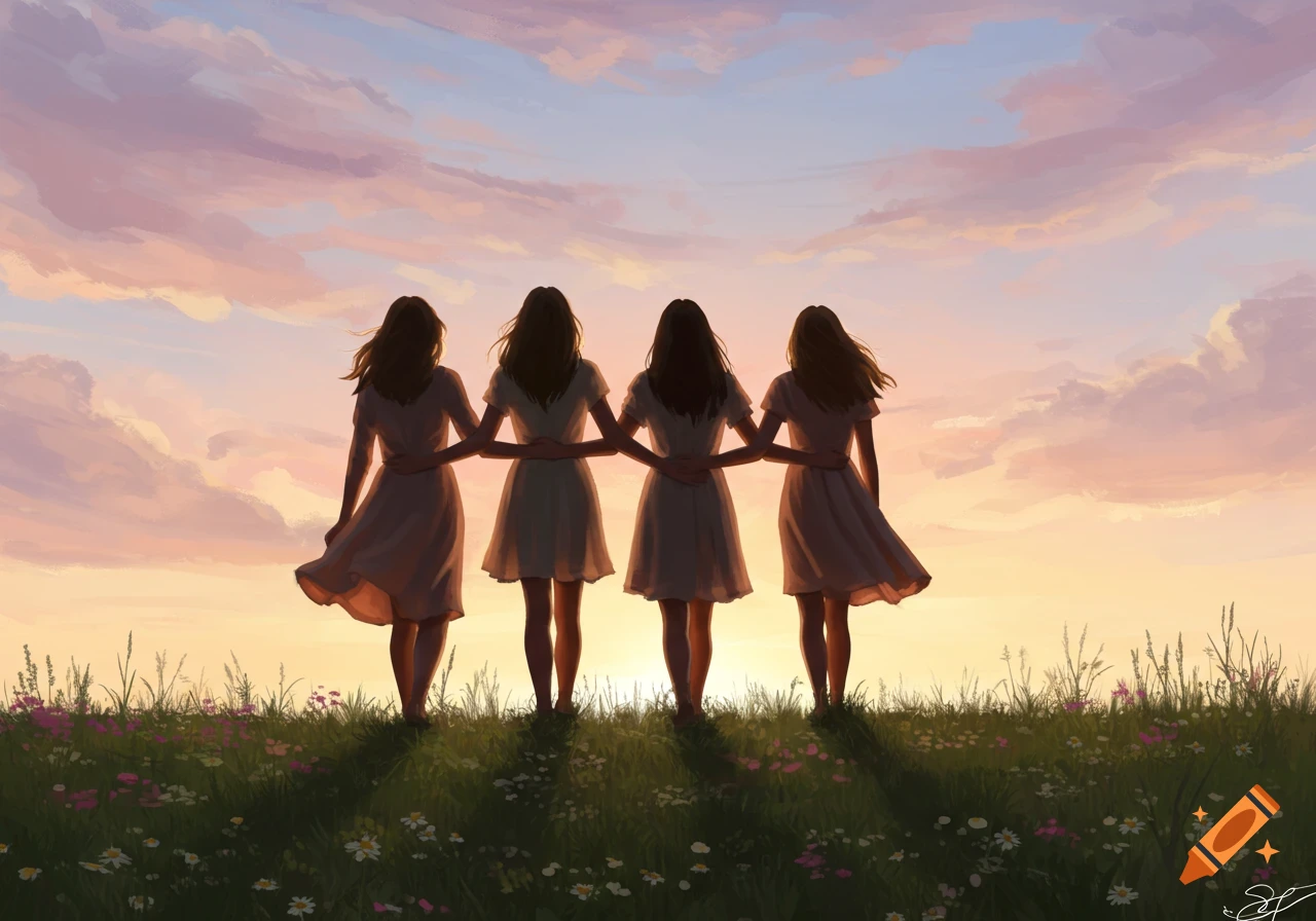 Four female friends link arms on a grassy hill at sunset in a digital painting.