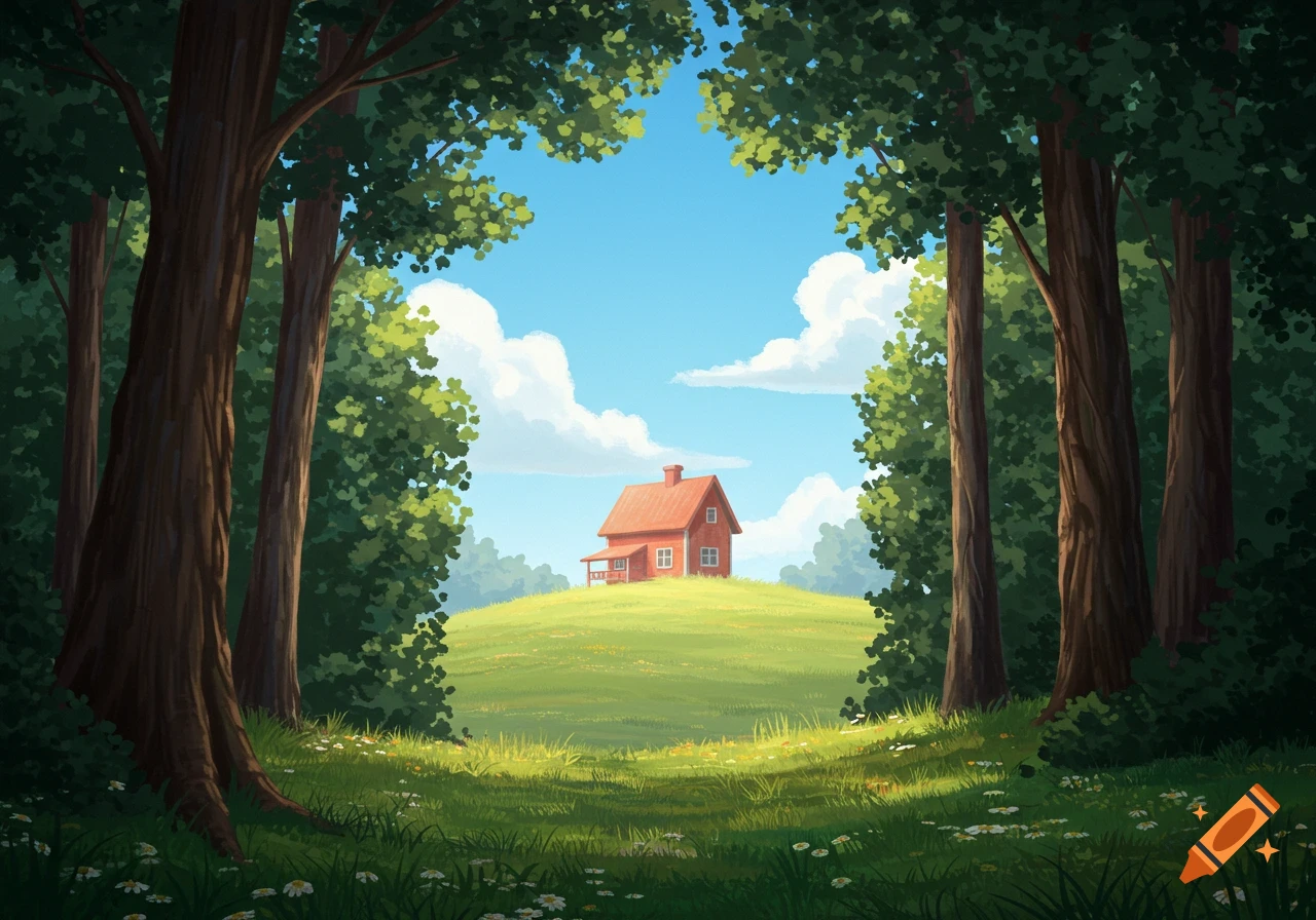 A red house sits on a green hill, framed by tall trees and lush foliage, under a blue sky with white clouds.