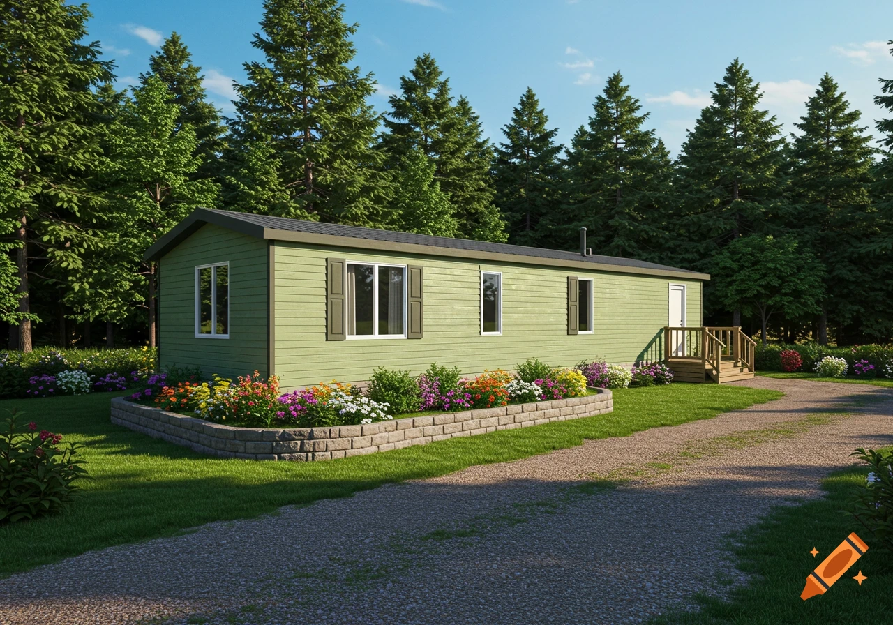 Green manufactured home with porch, surrounded by dense evergreens, landscaped lawn, colorful raised flower beds, and gravel driveway.