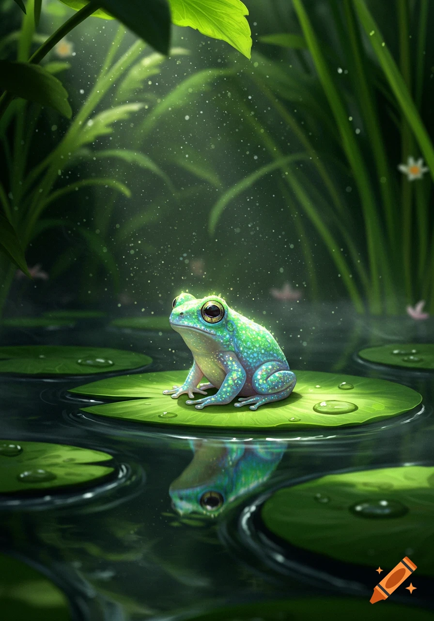 A small, sparkly green and blue frog sits on a lily pad in a lush, green pond with glowing particles.