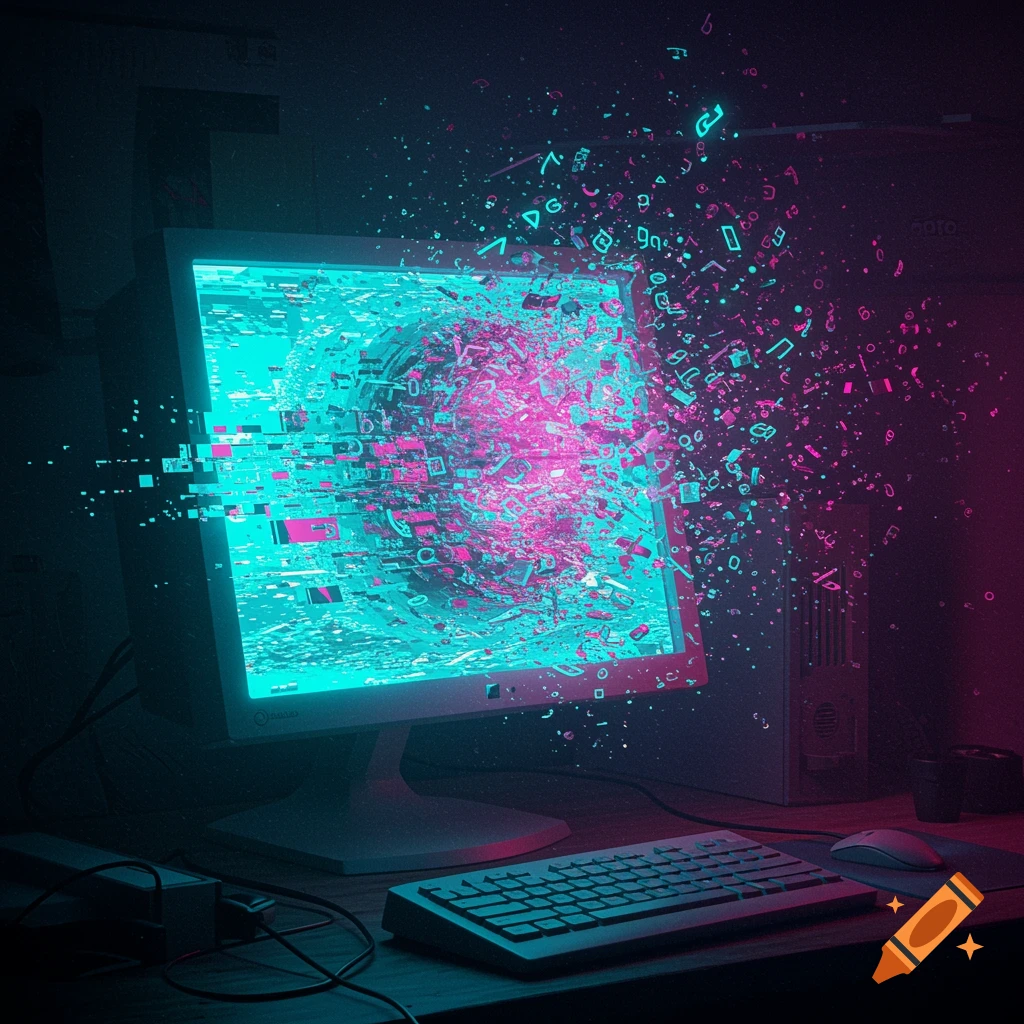 A computer monitor explodes with vibrant cyan and magenta digital data in a dark, neon-lit room with a keyboard and mouse.