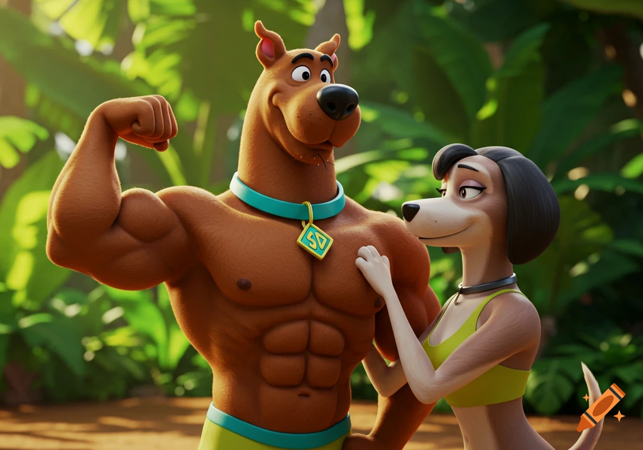 A muscular 3D animated Scooby-Doo flexes his biceps while a female dog admires him in a jungle setting.