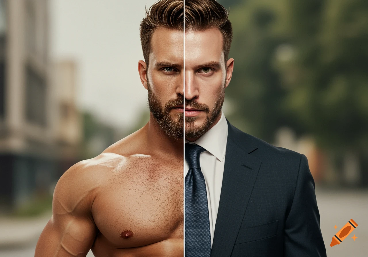 Photorealistic split portrait of a man, one half muscular and shirtless, the other in a business suit.