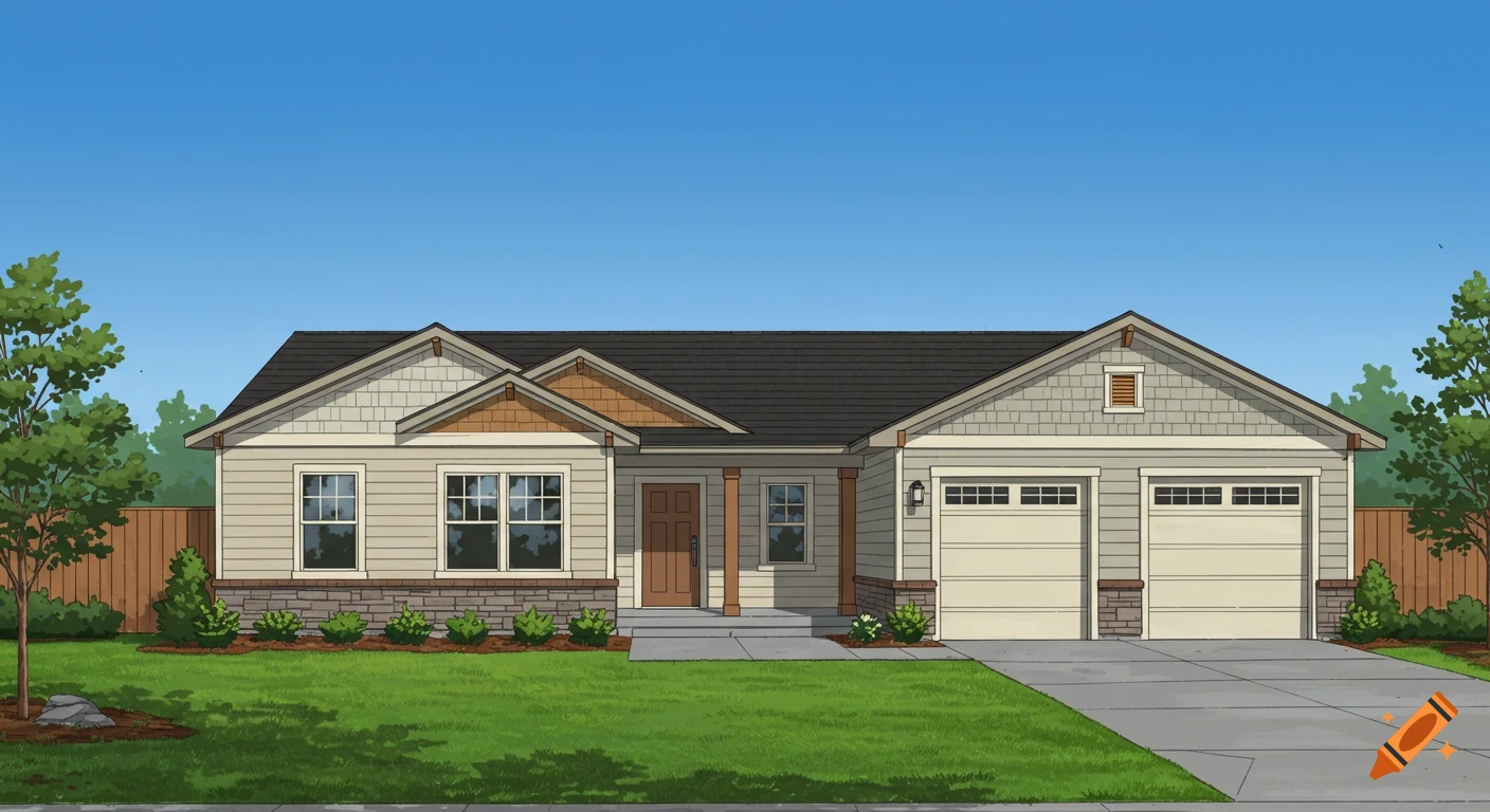 A front exterior illustration of a single-story American Craftsman or Contemporary Ranch style home with a blue sky.