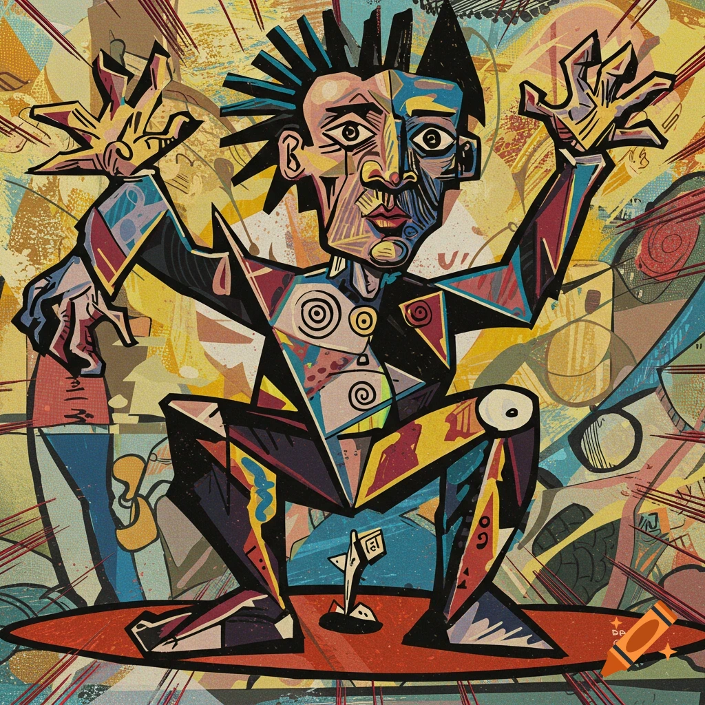 Abstract cubist art figure with fragmented forms, vibrant colors, and bold lines, set against a chaotic, graffiti-like background.