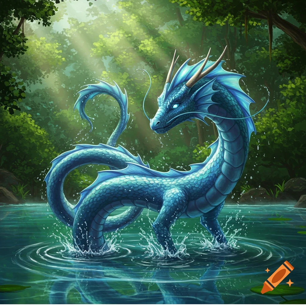 A majestic blue dragon with glowing eyes stands in a shallow pond within a sun-dappled forest, creating water splashes.