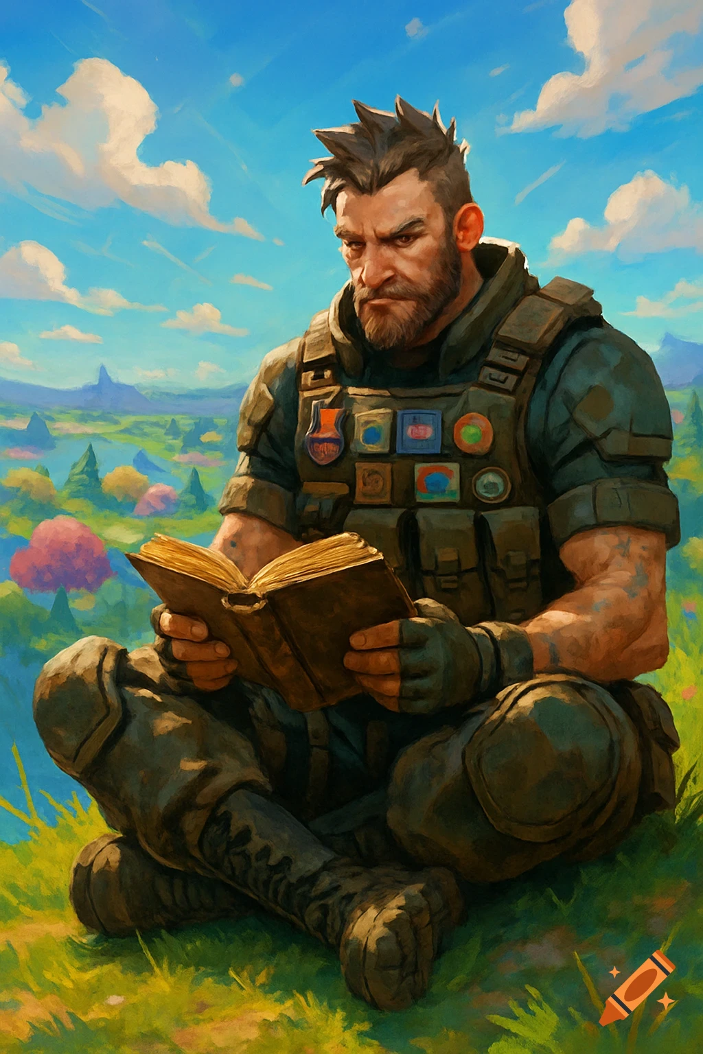 A muscular Fortnite-style character with a beard and tactical gear sits in a vibrant green field reading a book under a blue sky.