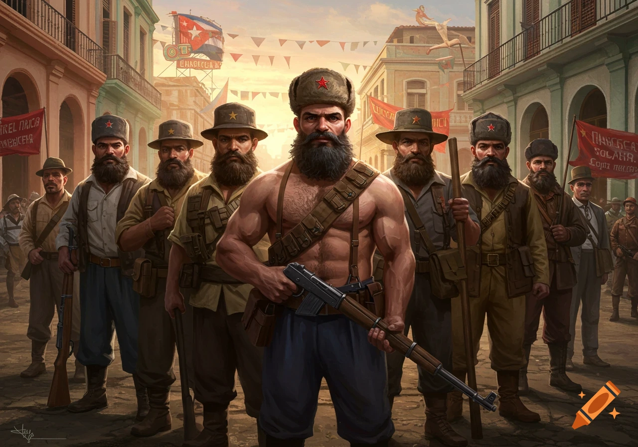 A group of bearded men in military-style attire, some with Russian hats, posing with weapons on a street with banners.