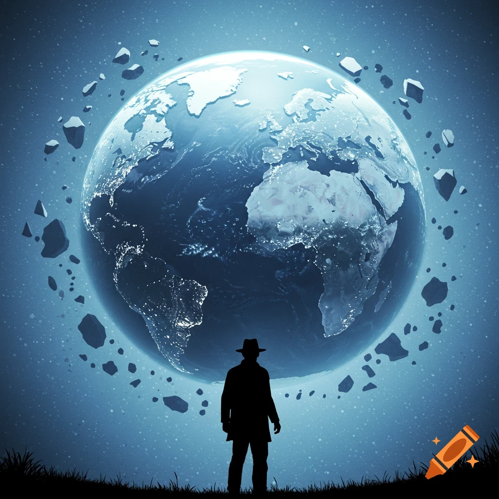 A silhouette of a man in a fedora stands on a grassy hill, gazing up at a large, illuminated Earth surrounded by asteroids against a starry blue background.