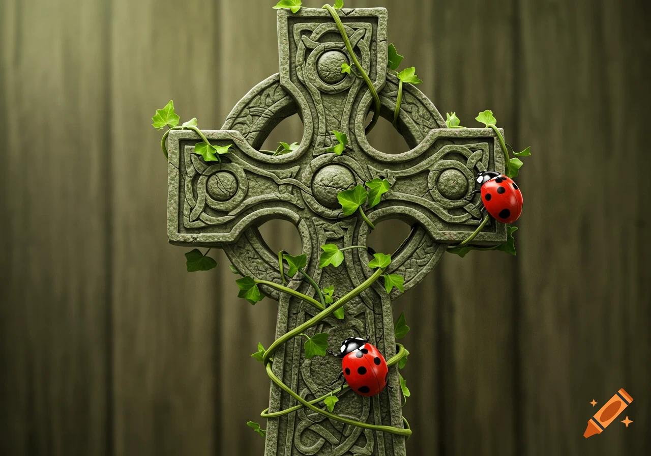 A stone Celtic cross covered in green ivy vines, with two red ladybugs on it, against a blurred wooden background.