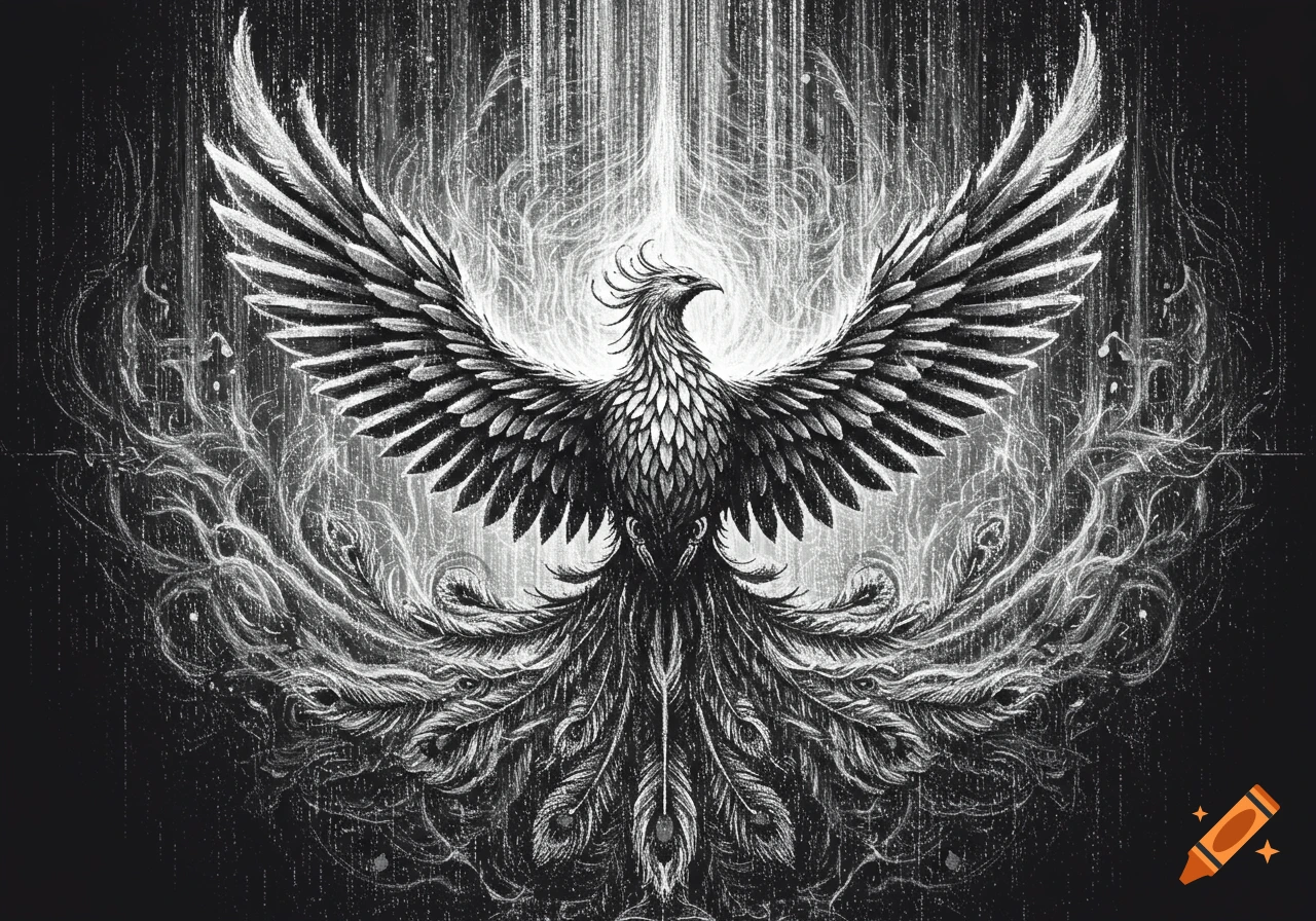 Black and white illustration of a majestic phoenix with outstretched wings and intricate feather details, glowing with light.