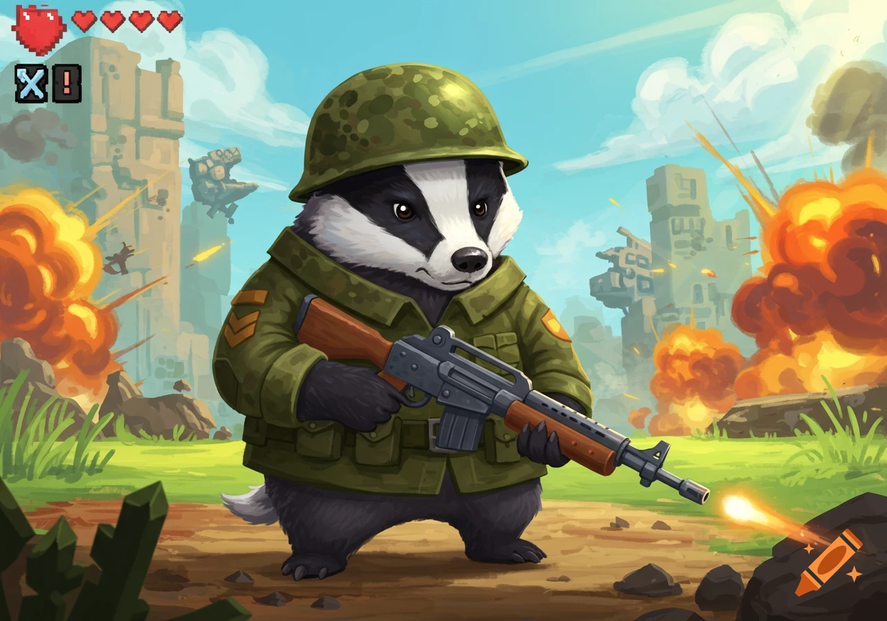 Cartoon badger soldier in a military uniform holding a rifle on a battlefield with explosions, pixelated health bar and X symbol in corner.