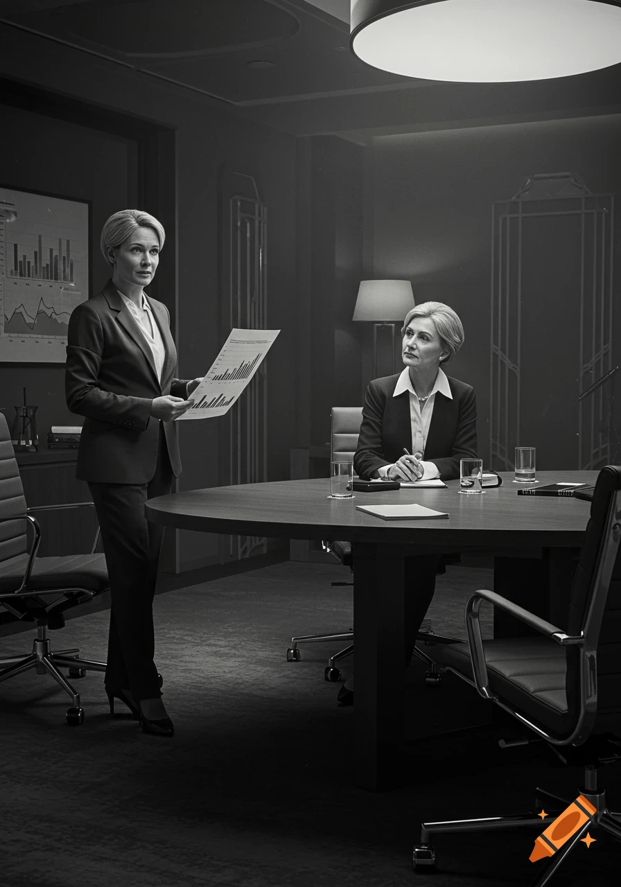 A greyscale photorealistic image of a woman presenting a chart to a female CEO in a dimly lit conference room.