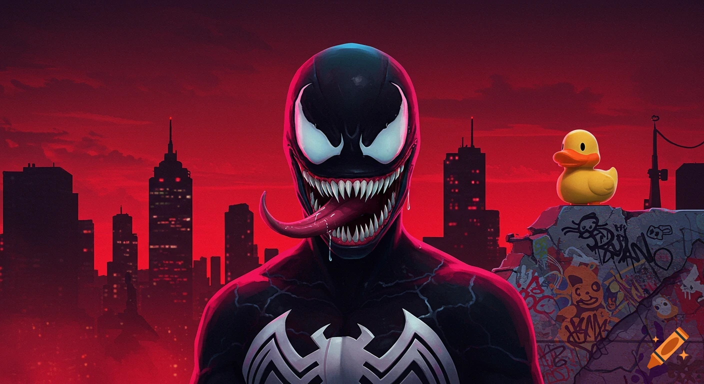 A high-contrast digital illustration of a character resembling Venom with sharp teeth and long tongue, set against a dark red urban skyline. A yellow rubber duck sits on a graffiti-covered wall to the right.
