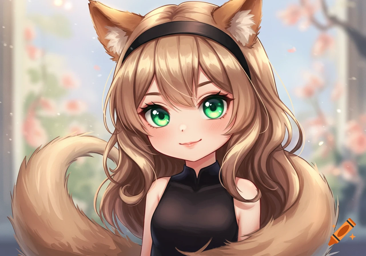 A cute anime girl with light brown hair, emerald green eyes, dog ears and tail, wearing a black dress and headband.