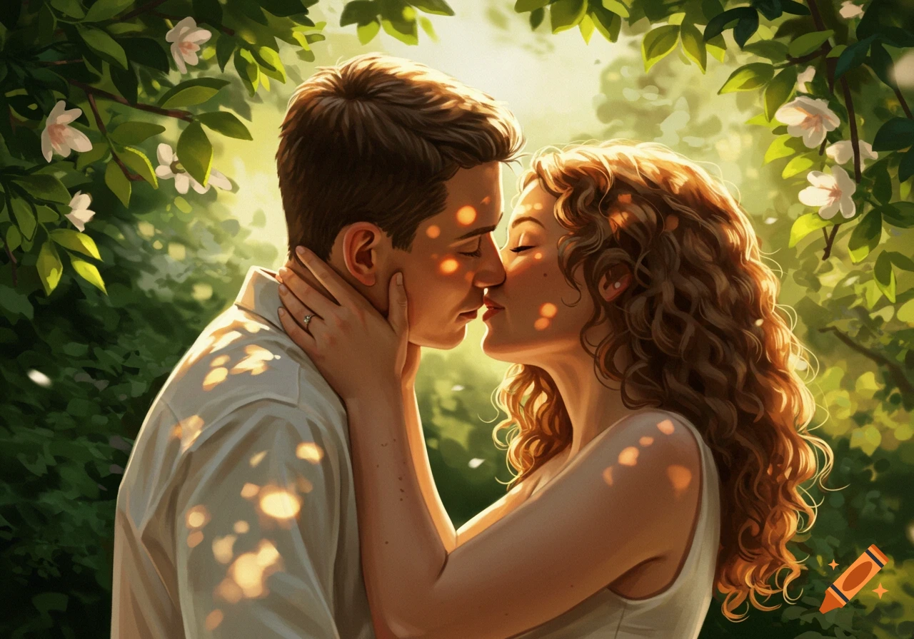 A man and a woman in a loving embrace, kissing amidst sun-dappled green foliage. Digital painting.