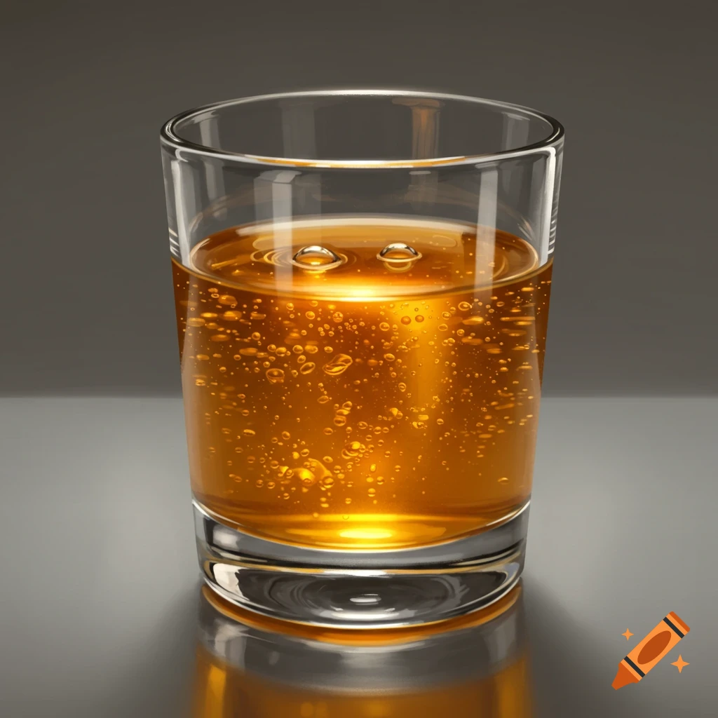 A close-up, photorealistic shot of a clear glass filled with an amber liquid and many small bubbles, standing on a reflective surface.