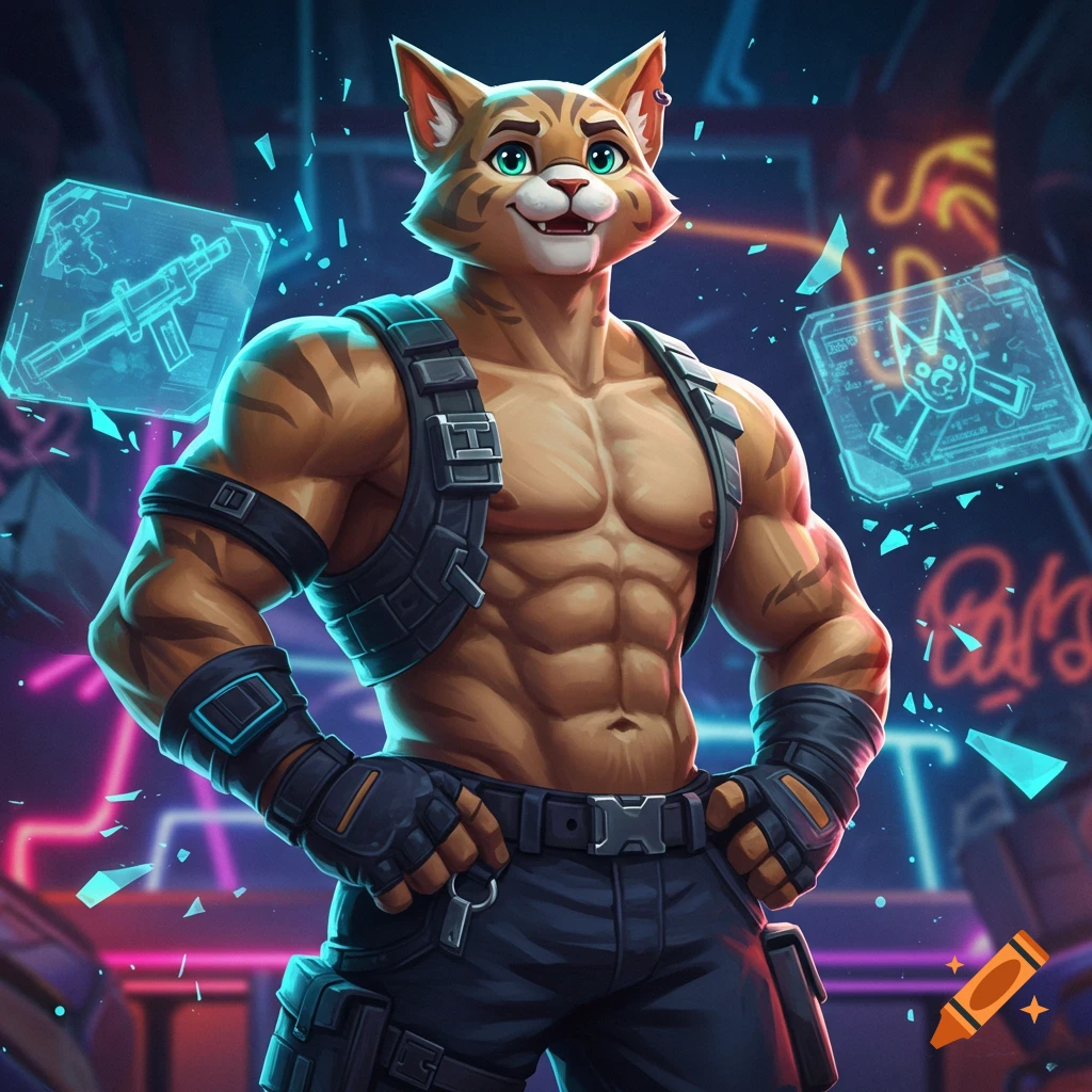 A muscular anthropomorphic tiger-striped cat in tactical gear stands against a dark, neon-lit cyberpunk background with holographic displays.