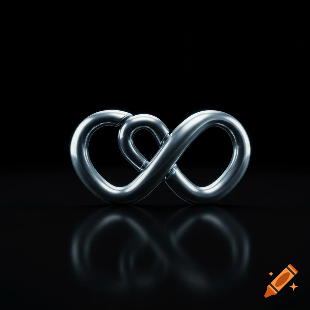 A chrome metallic infinity symbol interlocked with a heart shape, reflecting on a black background.