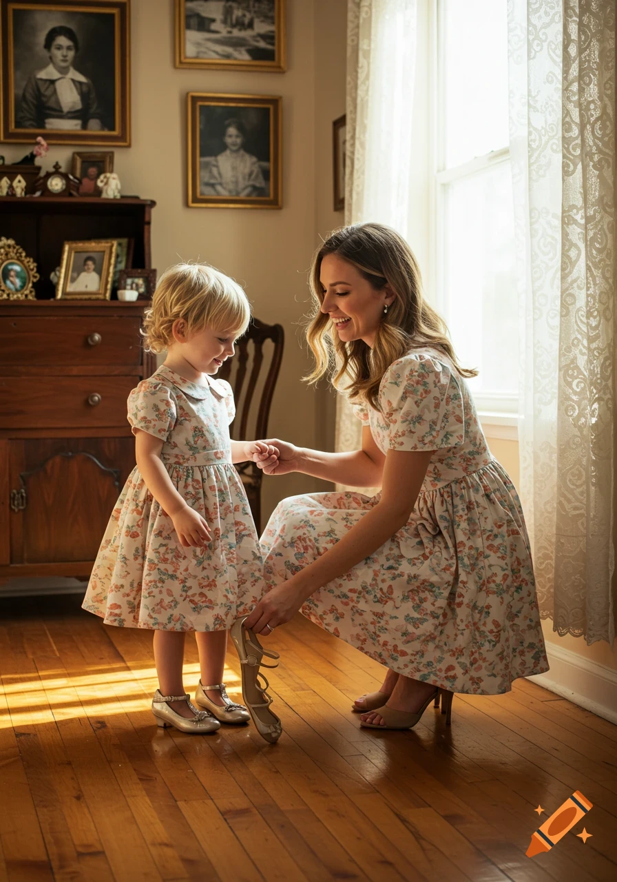 A mother helps a young child put on shoes in a sunlit room. Both wear matching floral dresses. Photorealistic.