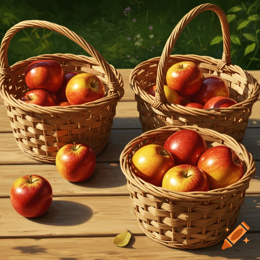 Three wicker baskets filled with red and yellow apples on a wooden table outdoors, with two loose apples nearby.