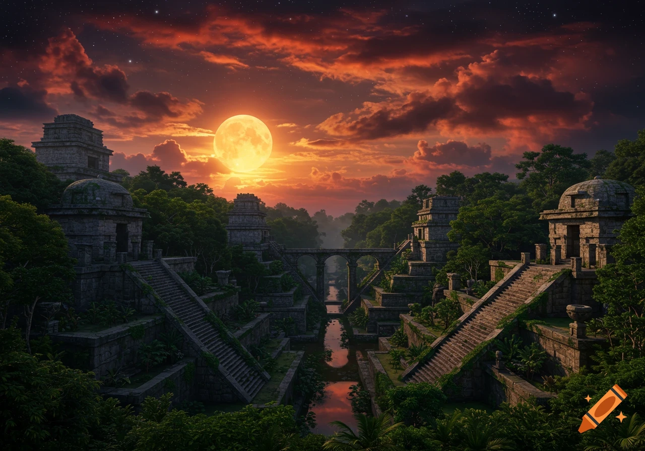 Photorealistic ancient jungle ruins with stone temples, bridges, and a river under a dramatic orange moon and red sky.