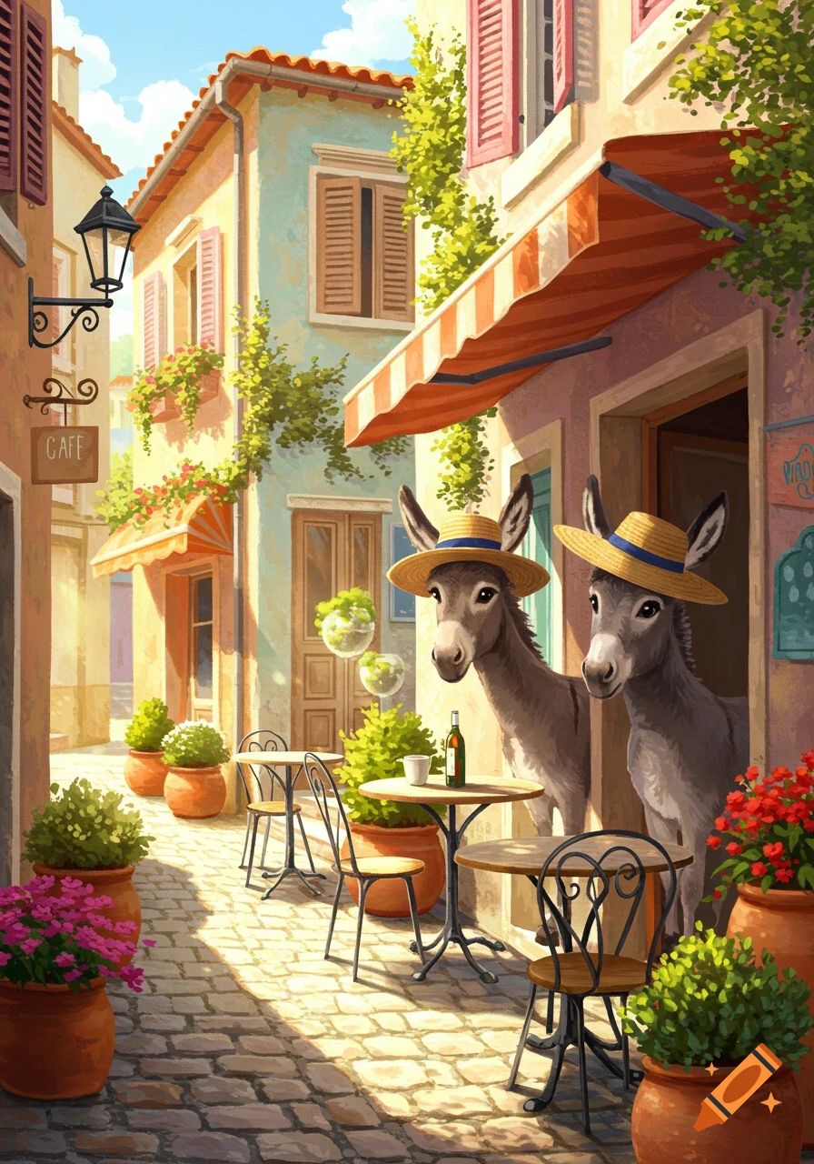 Two donkeys in straw hats stand outside a charming, sunlit bistro with outdoor seating and potted flowers, in a painterly style.