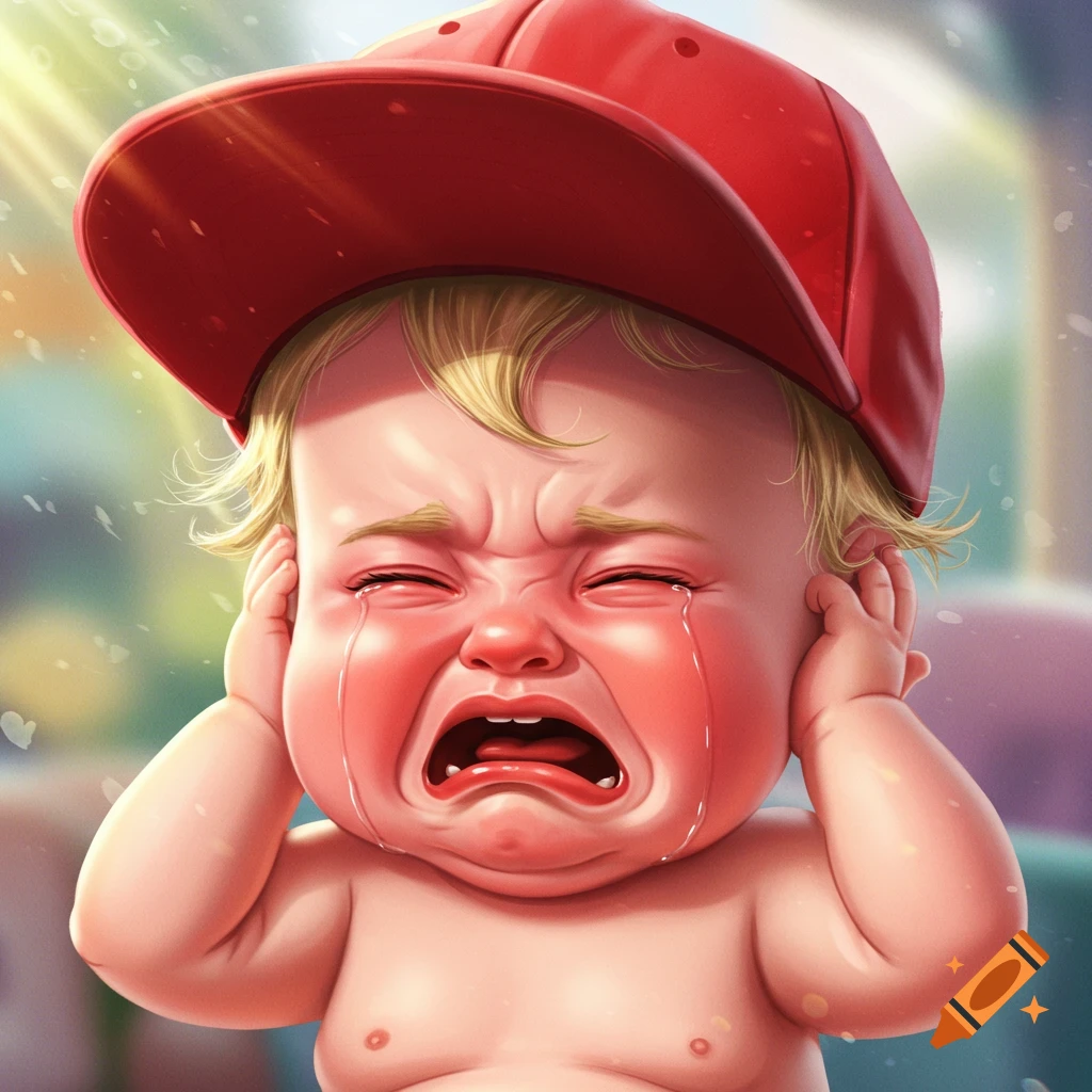 A stylized illustration of a big, red-faced baby crying and plugging its ears while wearing a red baseball cap.