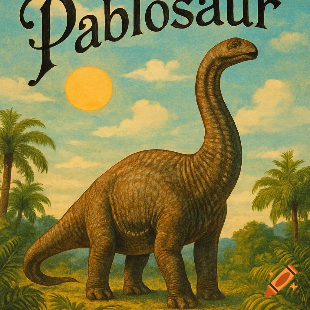 Vintage illustration of a long-necked dinosaur under text "Pablosaur" with palm trees and a yellow sun.