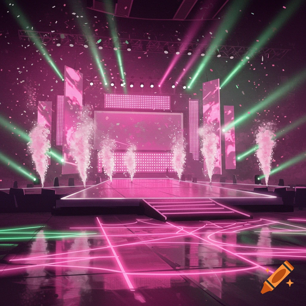 A vibrant pink and green k-pop concert stage with pyrotechnics, falling confetti, and neon lights on the floor.