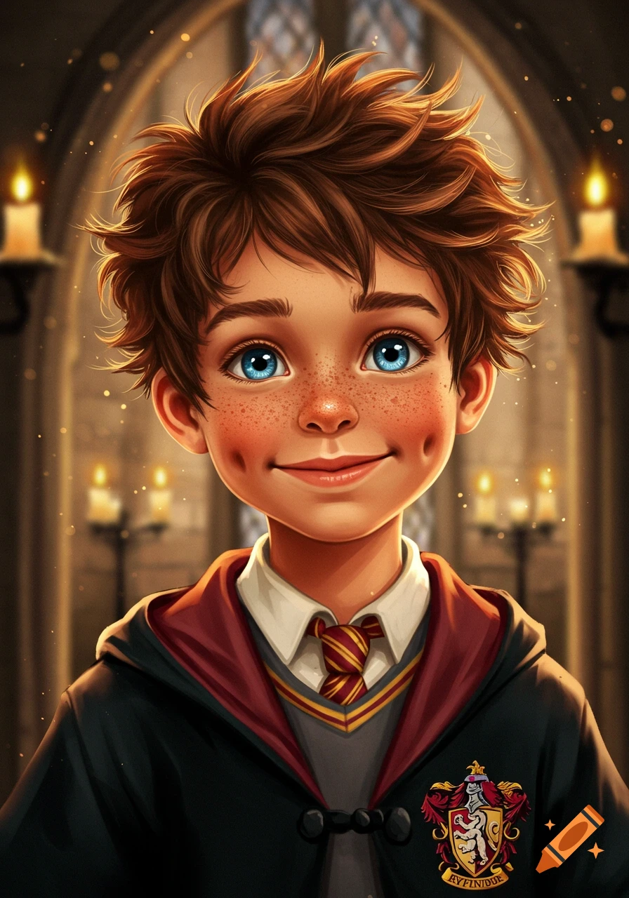 Stylized illustration of a smiling boy with brown hair, blue eyes, and freckles, wearing Gryffindor robes in a castle.