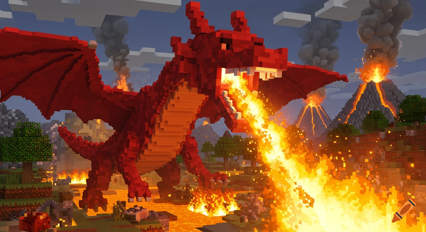 A large red pixelated dragon breathing fire in a blocky, volcanic landscape reminiscent of Minecraft.