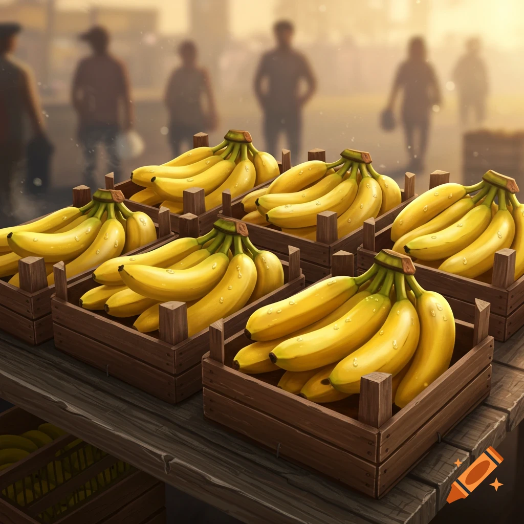 Close-up photorealistic image of several wooden crates filled with ripe yellow bananas, displayed on a wooden table at an outdoor market with blurred people in the background.