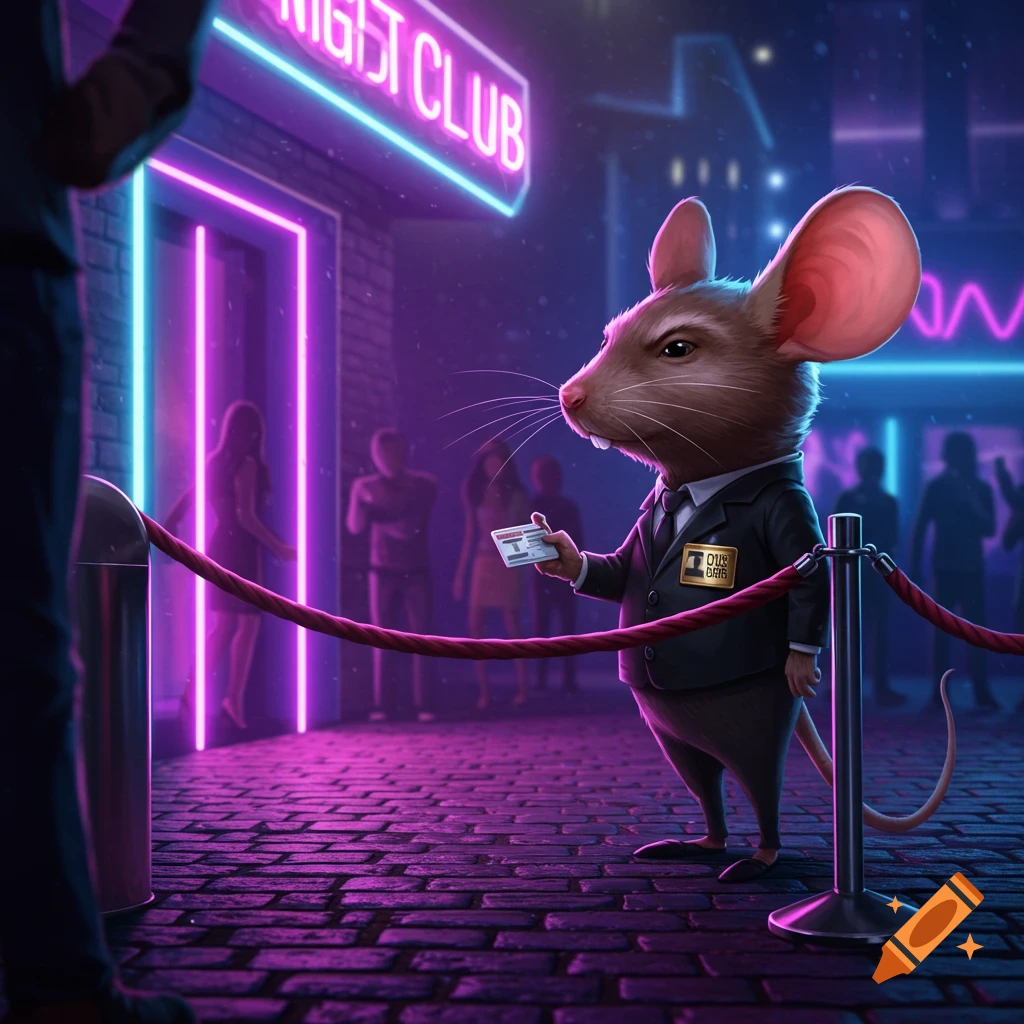 A cartoon mouse in a suit acts as a bouncer, holding an ID outside a neon-lit nightclub entrance.