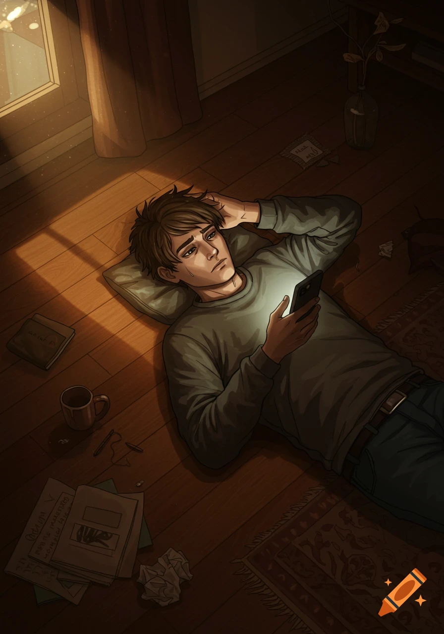 An illustrated sad man lies on a wooden floor, illuminated by window light, looking at his glowing phone, surrounded by papers and a mug.