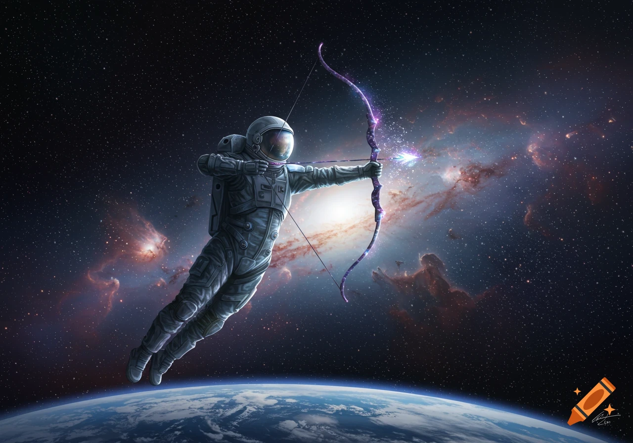 An astronaut floats in space, aiming a glowing bow and arrow with Earth visible below.