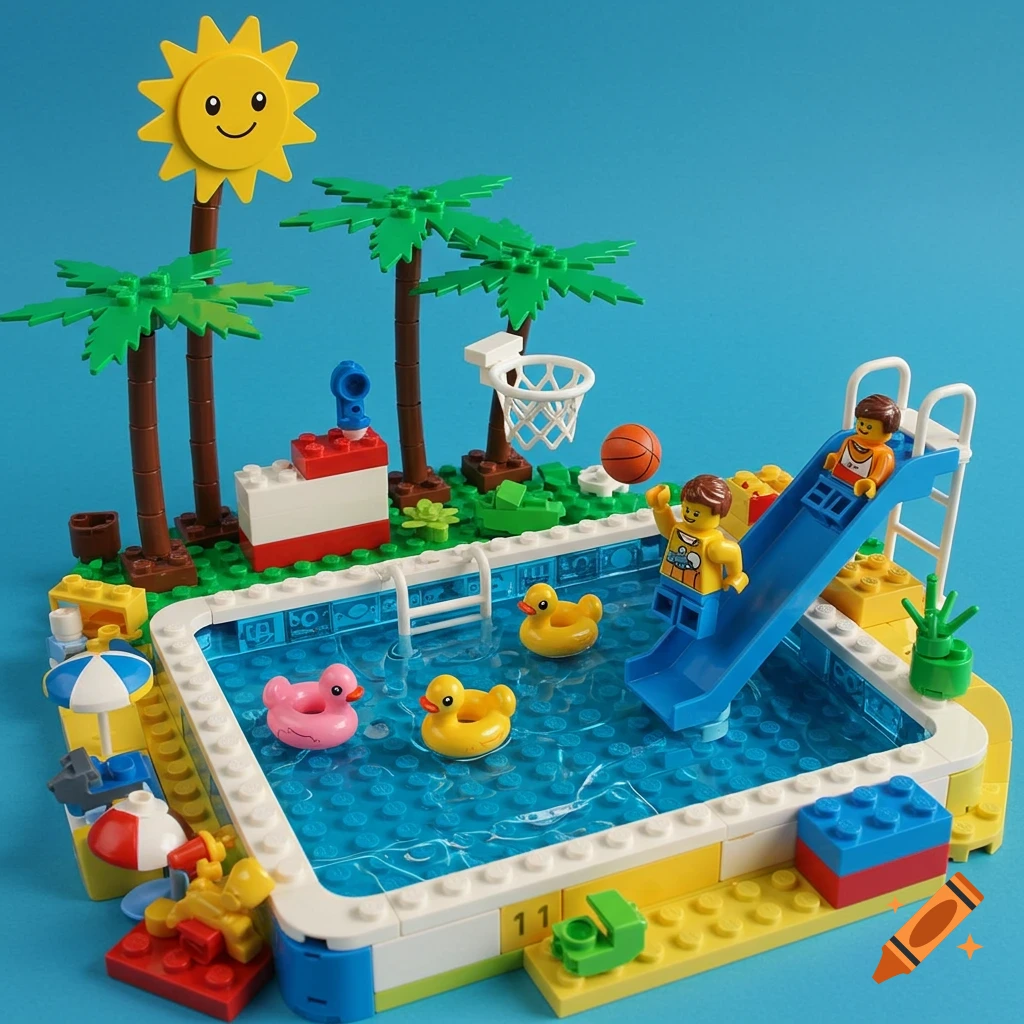 A vibrant Lego pool party scene with minifigures, palm trees, basketball hoop, and floating rubber ducks.
