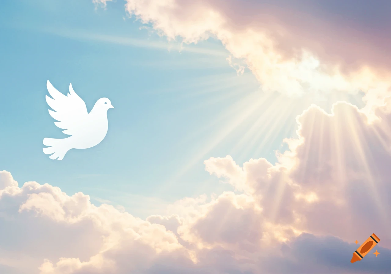 A white dove icon flying in a blue sky with soft clouds and bright sun rays streaming through them.