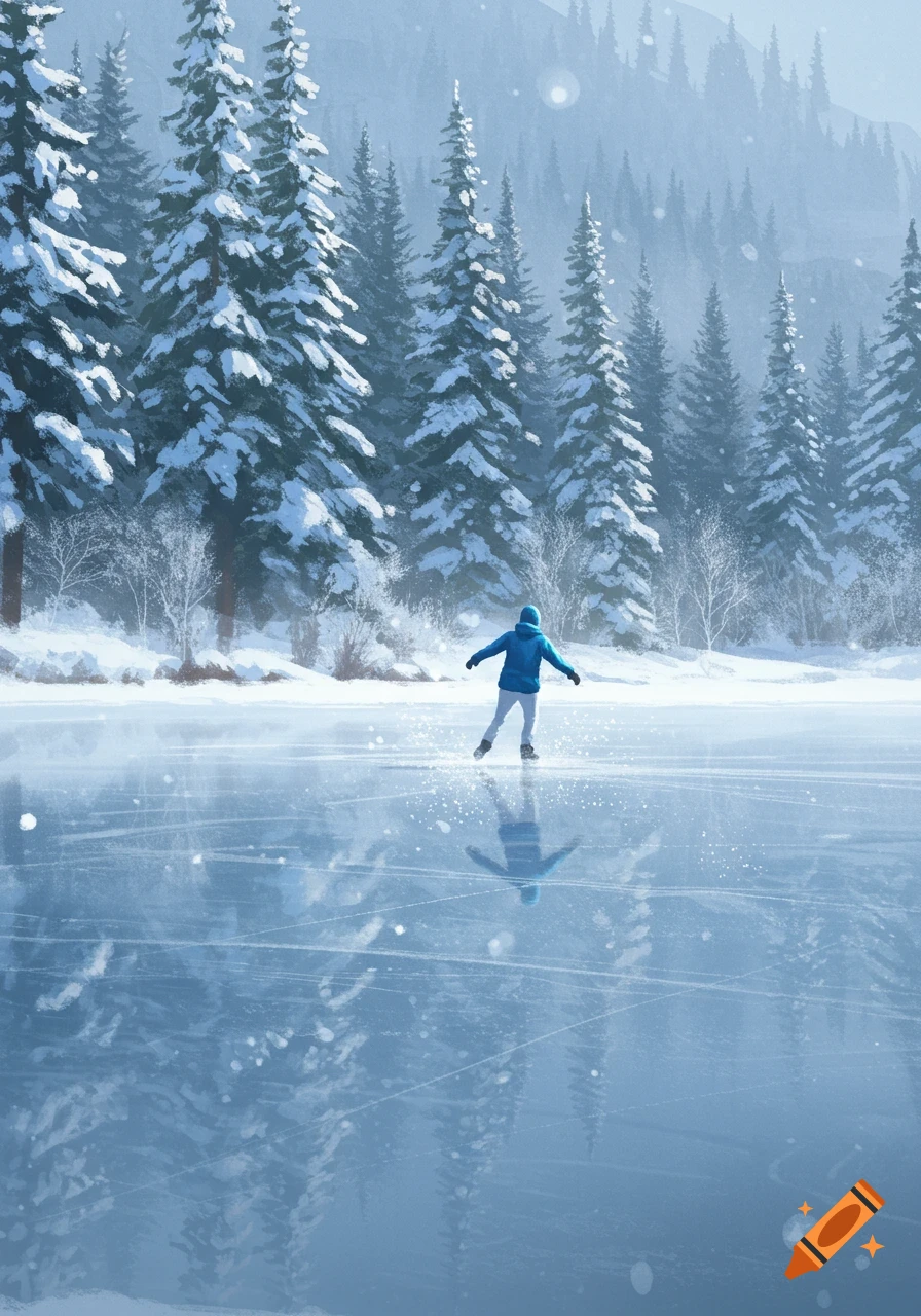 A person ice skating on a frozen lake surrounded by snow-covered pine trees in a winter landscape.