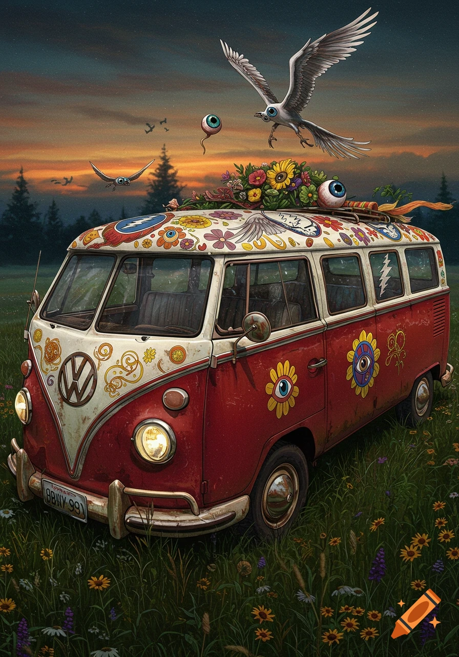 A rustic red and white Volkswagen van adorned with hippie flowers, Grateful Dead symbols, and flying winged eyeballs in a field at sunset.