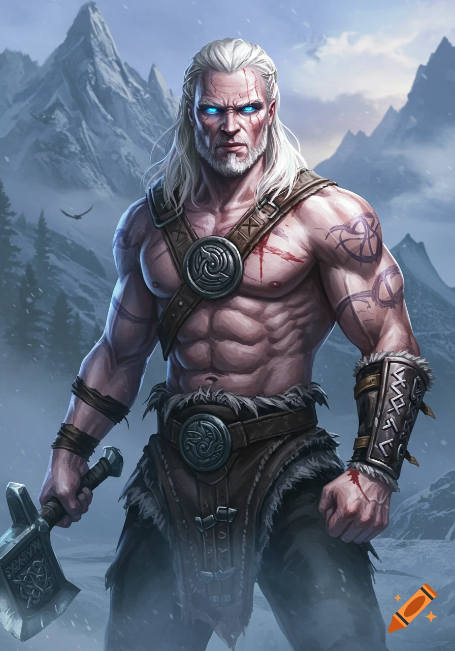 A fierce white-haired warrior with glowing blue eyes, scars, and tattoos stands in a snowy mountain landscape, holding a hammer.