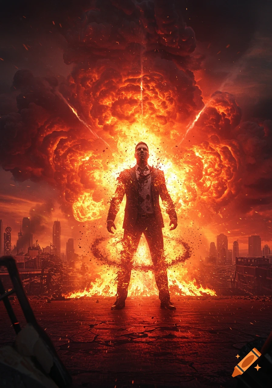 A man in a suit stands engulfed in flames before a massive, fiery explosion over a destroyed city landscape.