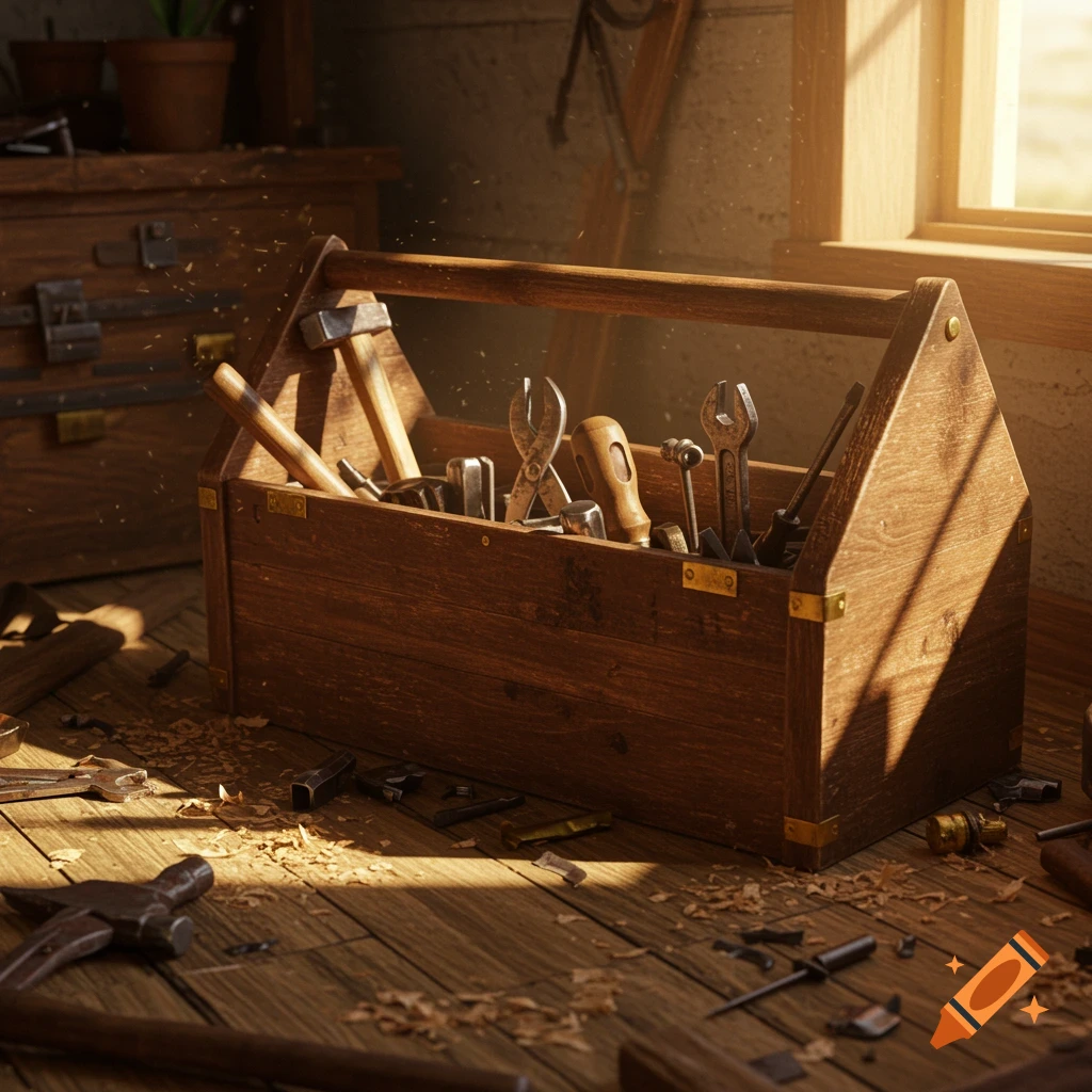 A photorealistic image of a rustic wooden toolbox filled with tools on a sunlit wooden workshop floor.