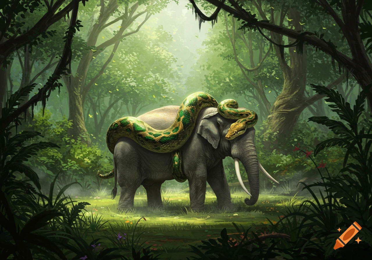 A large green and yellow python wrapped around a grey elephant in a lush, sunlit jungle. Digital illustration.