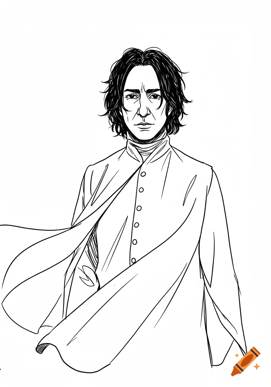 Black and white line drawing of Severus Snape in his robes.