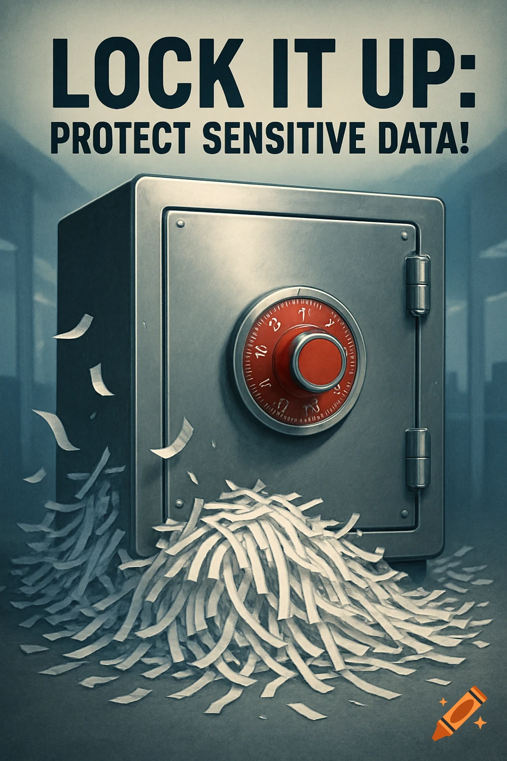A poster features a metallic vault with a red combination lock, surrounded by a pile of shredded white paper. Bold text reads "LOCK IT UP: PROTECT SENSITIVE DATA!"